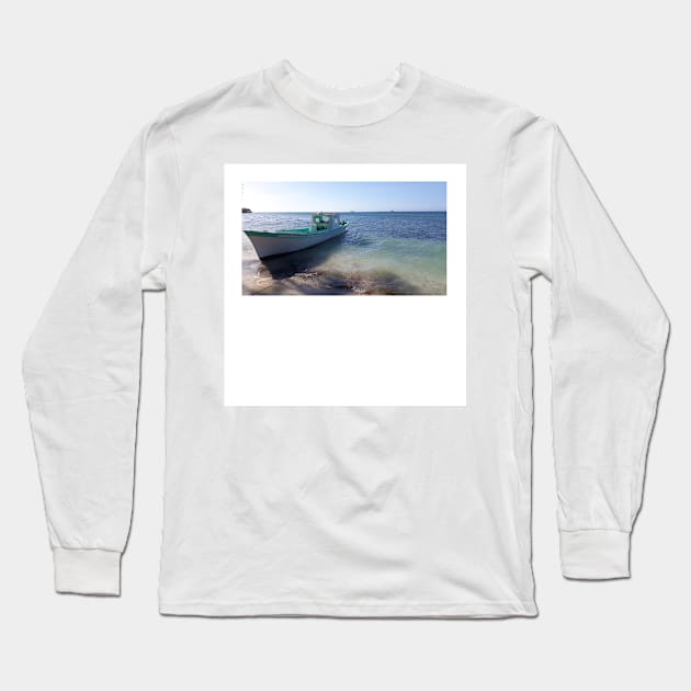 the summer is magic, the shore and the boat photograph ecopop landscape Long Sleeve T-Shirt by jorge_lebeau